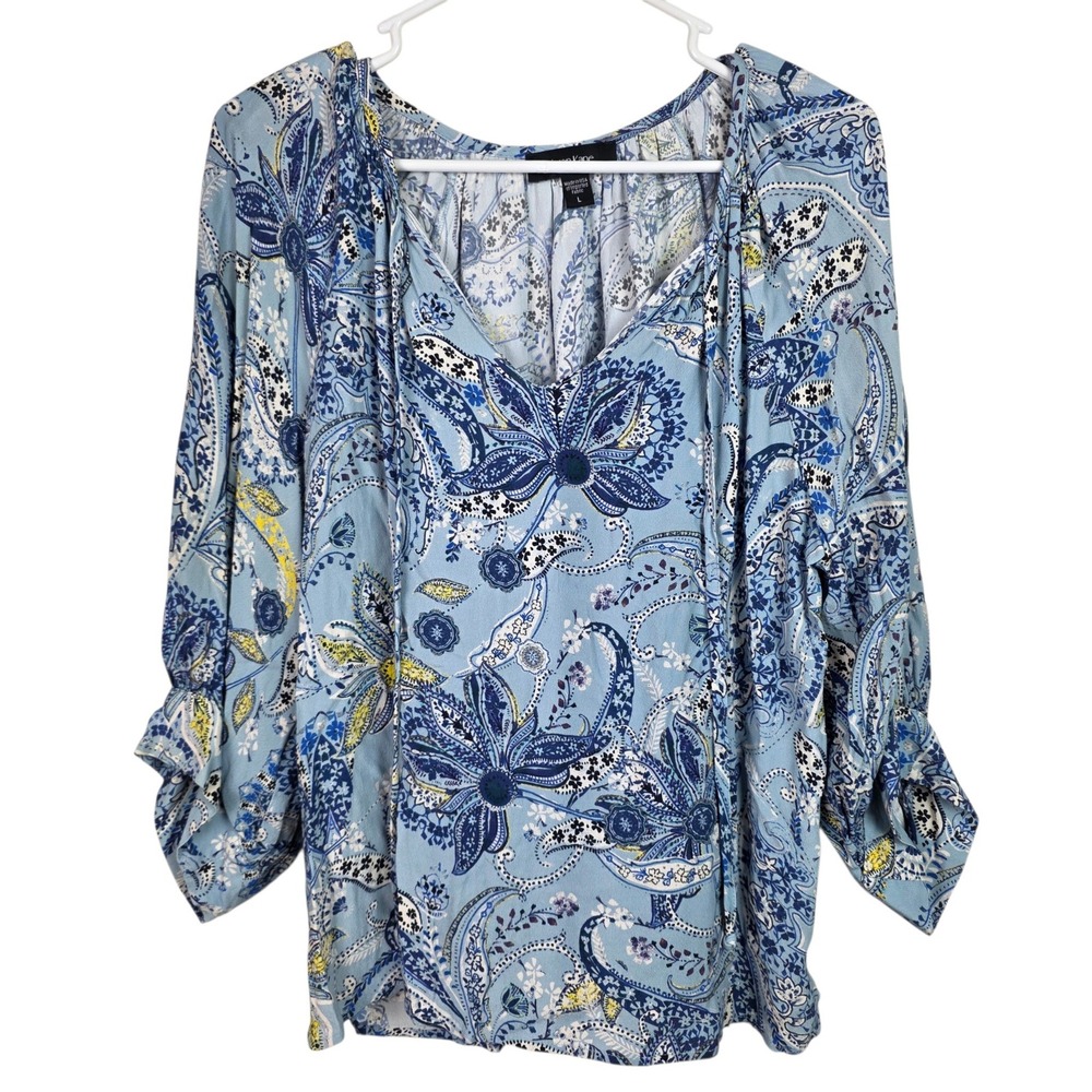 Karen Kane Paisley Blouse Women Large Blue Excellent Boho 3/4 Sleeve